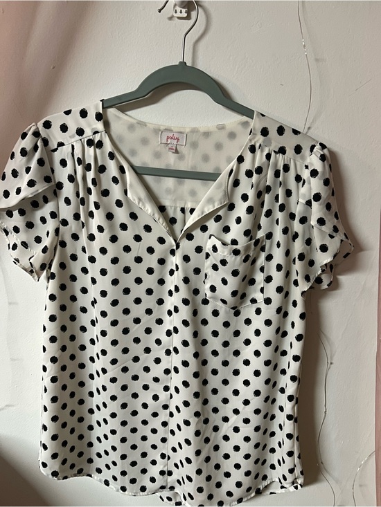 Pixley Tops - Pixley White Black Polka Dot Short Sleeve Blouse Size Medium Career Office Top